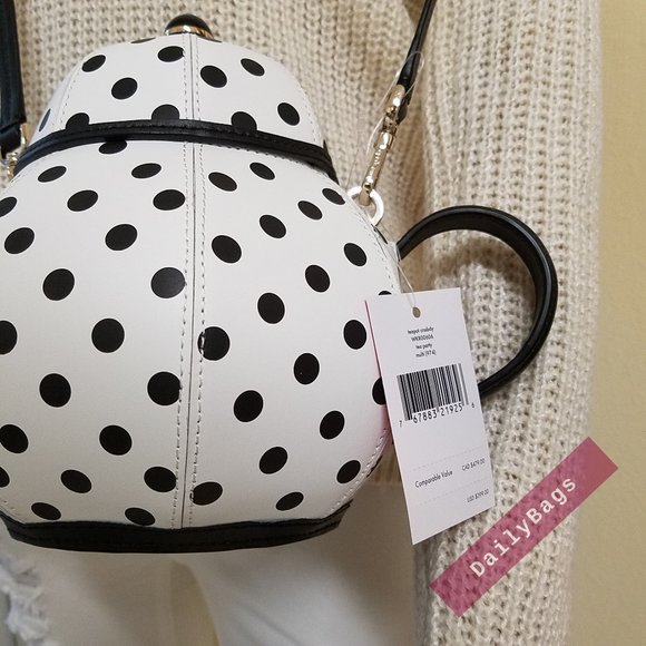 NWT KATE SPADE 100% AUTHENTIC TEAPOT CROSSBODY BLACK POLKA DOTS WHITE TEAPOT - Picture 8 of 10